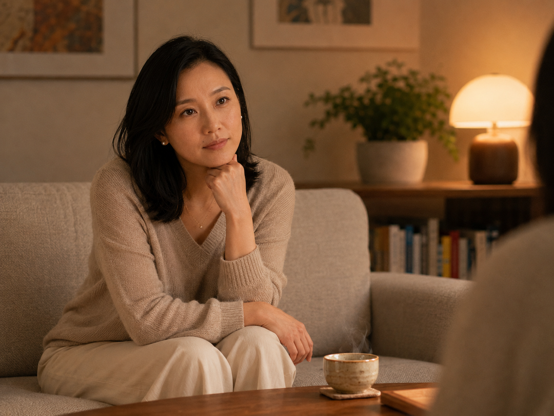 Nora 在工作室中与来访者交流